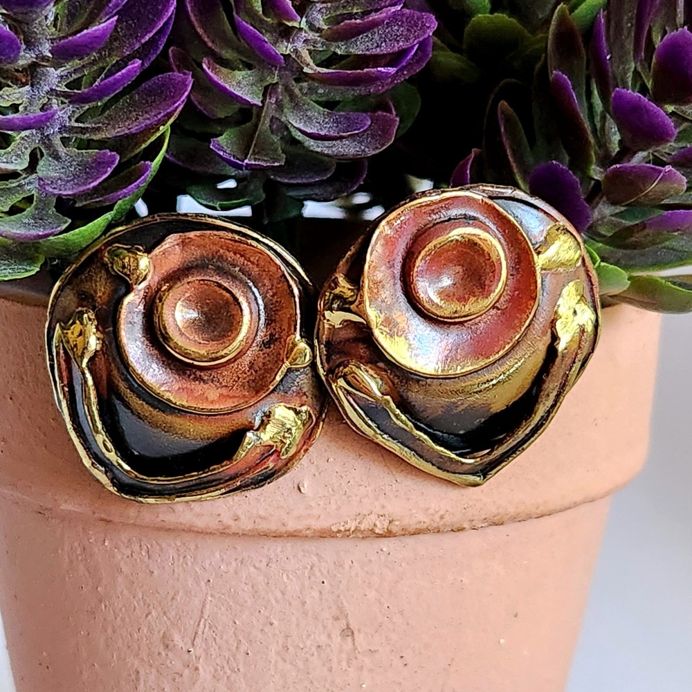 Artisan‎ Mixed Metal Brutalist Abstract Stud Earrings Copper Gold Bronze Patina